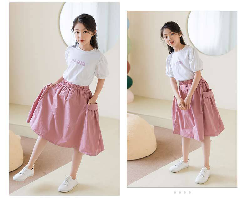 Girl Bubble Sleeve T-shirt+Elastic Waist Skirt